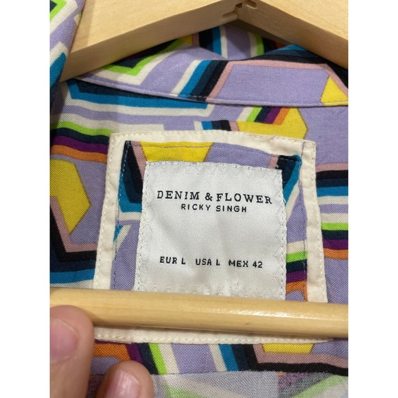 Denim & Flower Shirt Mens Large Purple Geometric Abstract Viscose Excellent L - Picture 2 of 6